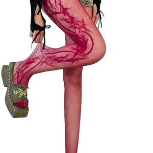 Black Burgundy Fishnet Stockings 15D Thin Transparent Over The Knee Women's Lace Patterned Tights For Youth Fashion - Product Image 4