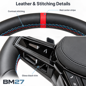 Volant en cuir personnalisé à fond plat BM27 pour BMW G20 G30 avec bande centrale rouge et disposition de boutons multifonctions - Product Image 3