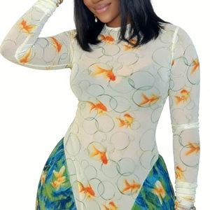 ชุดเดรสแฟชั่นผู้หญิง ดีไซน์เก๋ไก๋ พิมพ์ลายต่อกัน ทรงเอ กระโปรงทรงเอ คอกลม แขนยาว ผ้าบางเบา ให้ลุคสดใส - Product Image 4