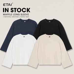 T-shirt Crop da Uomo in Cotone Pesante con Stampa Personalizzata Waffle, Stile Streetwear, Grafica Effetto Usurato, Lavaggio Distressed, Doppio Strato, Manica Lunga - Product Image 2