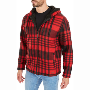 <strong>Men's</strong> Thick <strong>Red</strong> Check Warm Lined Hooded <strong>Jacket</strong> <strong>Winter</strong> Full Zip Polar Fleece Coat Outwear - Product Image 2