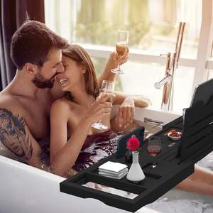 Plateau de bain extensible en bambou pour <span class=keywords><strong>baignoire</strong></span>, couleur noire, table de bain réglable pour organiser les affaires - Product Image 2