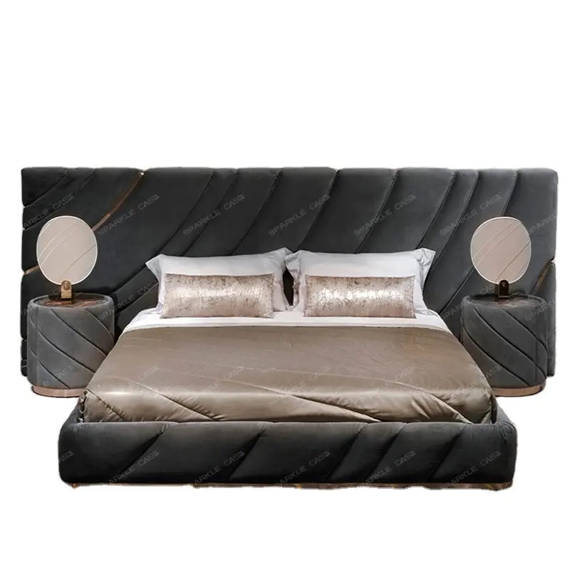Italienisches Luxus-Stoffbett glitzernd gepolstert King-Size-Bett Massivholz mit echtem Leder große Einheit Schlafzimmer Doppelzimmer