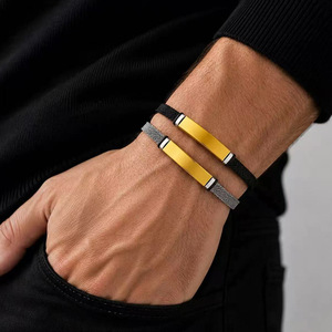 สร้อยข้อมือสแตนเลสสตีลคุณภาพสูงแบบถัก สำหรับสลักลาย DIY พร้อมสายหนัง PU ถัก สำหรับผู้ชาย - Product Image 3