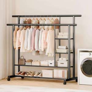 Porte-manteau double en métal OEM Cedar Space avec roulettes verrouillables, <span class=keywords><strong>étagère</strong></span>s de rangement épaissies antirouille <span class=keywords><strong>pour</strong></span> chaussures et vêtements - Product Image 3