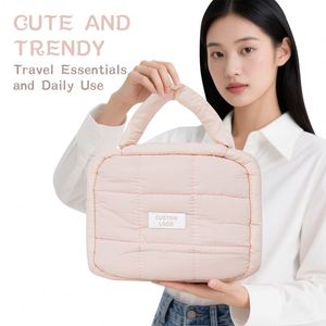 Custom Logo Quilted Makeup <b>Bag</b> with Handle Portable Cosmetic Organizer <b>Bag</b> with <b>Clear</b> Pocket for <b>Travel</b> - Product Image 3