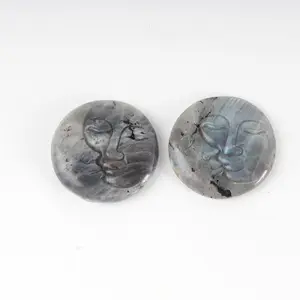 Hand carved natural flash Labradorite plam stone sun and moon face carving
