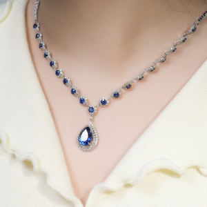 Custom Luxury 18K Gold Plated IGI Certified Diamond Earrings Necklace <b>Blue</b> <b>Sapphire</b> GRC Elegant Jewelry Set Wedding Parties - Product Image 6
