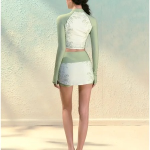 Swimwear Manufacturer OEM 2026 Green Floral Color Block Swimsuit Long Sleeve Zip Crop Top &amp; <strong>Skort</strong> Two Piece <strong>Swim</strong> Set for Women - Product Image 2