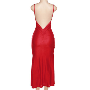 Abito da sera Sexy Skinny con scollo a V rosso puro colore puro Maxi abito aderente da donna - Product Image 6