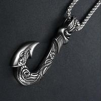 Collier pendentif en forme de crochet de poisson celtique en acier inoxydable plaqué argent vintage pour enfants, bijoux punk hip hop nordiques