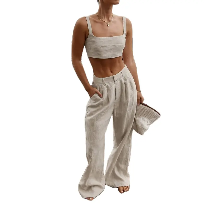 Wholesale summer cotton linen women Vest fashion temperament wide leg pants leisure suit women