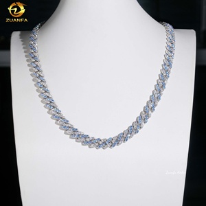 Colar Masculino Fino de Prata S925 10MM, Estilo Hip Hop Iced Out, com Diamantes Moissanite VVS de Corte Redondo, Cores Azul Água e Branco Misto, Corrente Elo Cubano - Product Image 1