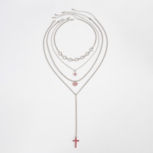 Juego de Collares con Colgantes de Corazón, Estrella y Cruz con Pedrería Rosa Estilo Y2K para Mujer, Cadenas de Clavícula Apilables a la Moda, Accesorios y Regalos - Product Image 5