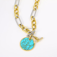 Collier de mode plaqué or 18 carats imperméable, strass, barre à bascule, acier inoxydable, pendentif turquoise avec câble, chaîne