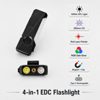 Lampe torche multifonctionnelle 4 en 1 EDC 400LM 365nm UV Laser rouge Lumière RGB Clip magnétique Rechargeable par USB-C Lampe de poche