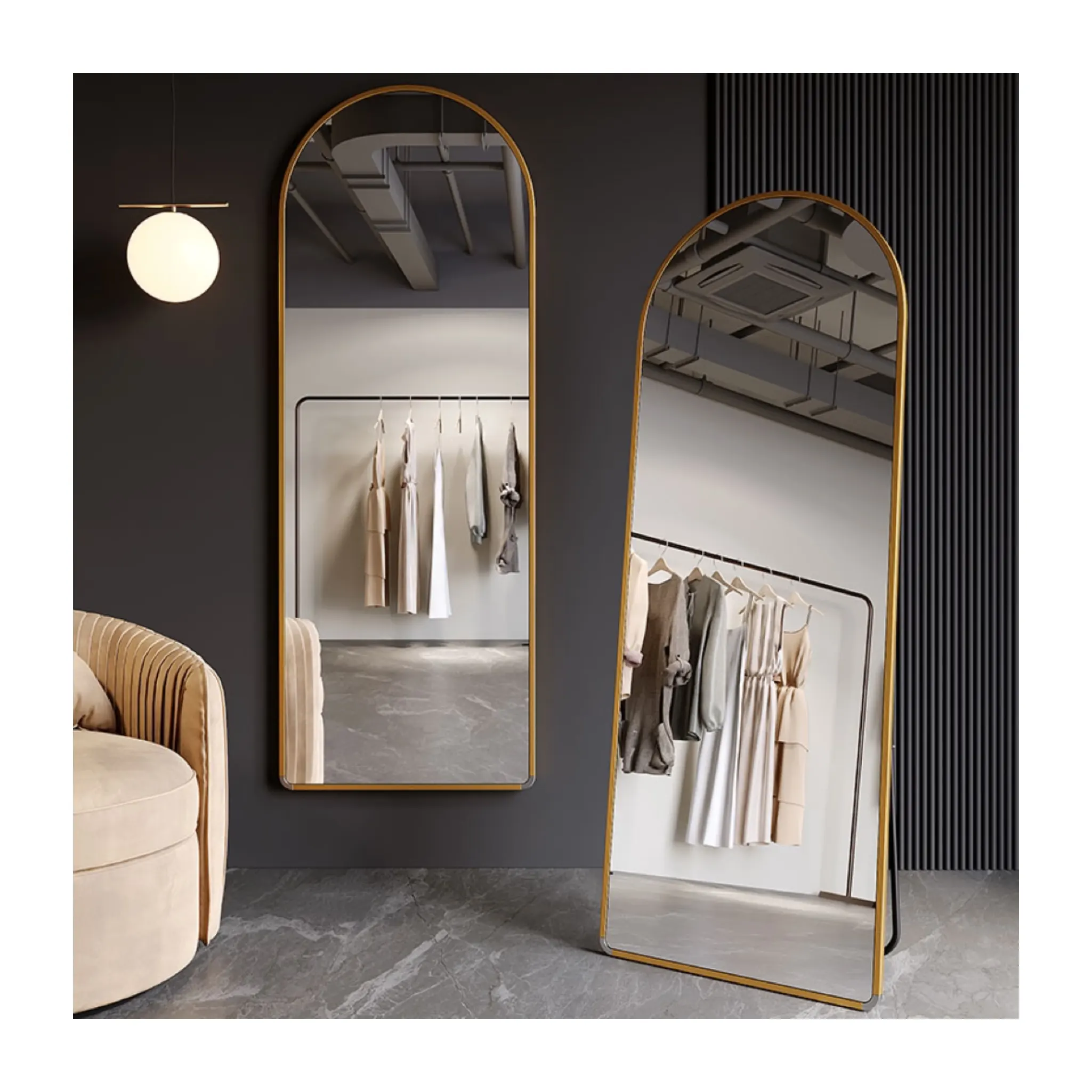 Factory Wholesale Full Length Compact Mirror Large Size Floor Arched Door Gold Wall Room Decoration Dressing Mirror