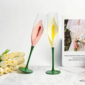 Hadiah pernikahan Calla Lily bunga Stemware Pink anggur kuning Piala Vintage dilukis tangan mewah kristal sampanye seruling kacamata