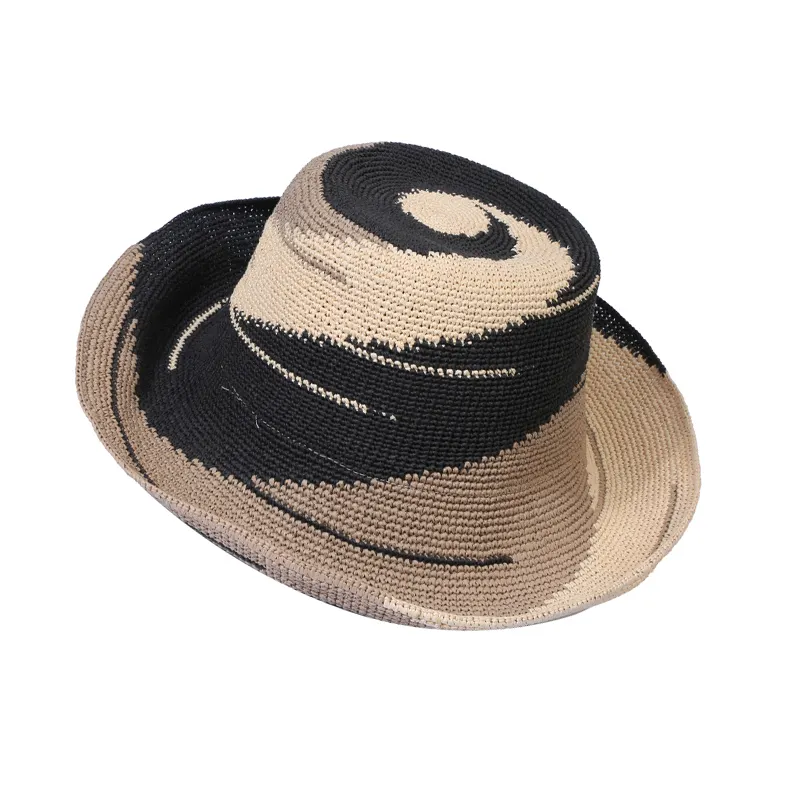 Gorro de paja de papel de ganchillo, sombrero de playa, sombrero de verano para mujer, sombrero fedora de ala ancha, sombrero de malla bordado unisex personalizado, gorra colorida