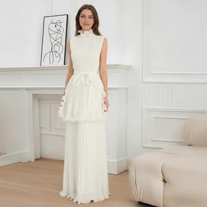 Robe Midi Décontractée Élégante d'Été pour <span class=keywords><strong>Femme</strong></span>, Sans Manches, Taille Empire, Volants, Dentelle, <span class=keywords><strong>Tunique</strong></span> Plissée en Mousseline Solide Naturelle pour le Quotidien - Product Image 2