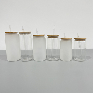 ISA 창고 50 팩 16 온스 클리어 맥주 캔 염료 승화 열 프레스 용 투명 플라스틱 빨대와 대나무 뚜껑이있는 유리 컵 - Product Image 2