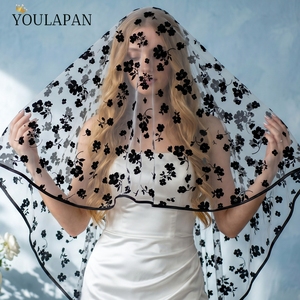 YouLaPan V329 Velo da Sposa Nero in Tulle Floreale, Velo Lungo a 1 Strato con Bordo Nero per la Sposa - Product Image 3