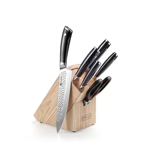 Wooden Kitchen Knife Set Knife Set Of 7pcs German Steel Razor Sharp Hammer Pattern ABS Handle Kitchen Shear Kitchen Chef Knife Set With Wooden Block