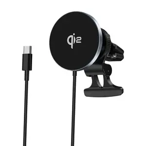 Qi pengisi daya mobil, pengisi daya mobil nirkabel 15W Super cepat dengan 16 buah magnet paduan USB/DC Antarmuka Input untuk iPhone
