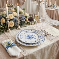Assiettes de Dîner en Céramique Bleu Rose Vintage Français en Gros, Assiettes de Présentation à Bord Festonné en Porcelaine pour Mariages et Événements