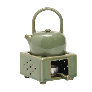 Juego de tetera y calentador de té estilo retro, tetera de gres con esmalte verde bambú y calentador de vela para el té de la tarde - Product Image 5