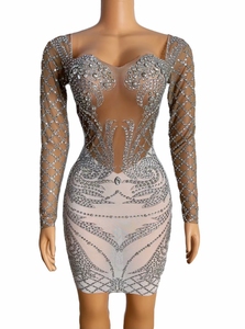 AD1350 Kimshein Abito <span class=keywords><strong>da</strong></span> Donna Corto Sensuale a Maniche Lunghe Mini Trasparente in Rete Argento con Diamanti per Serate ed Eventi - Product Image 6