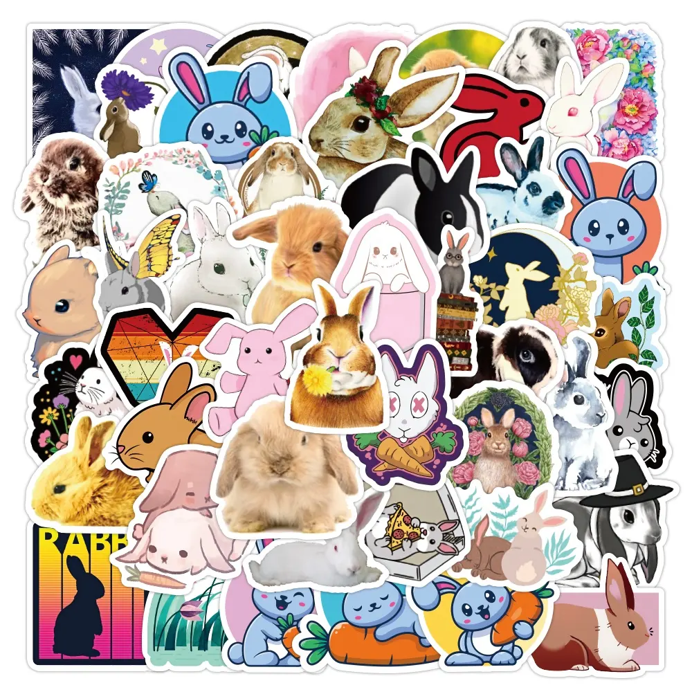 50pcs cute cartoon rabbit PVC waterproof random sticker packs for kids laptop notebook water bottle cup luggage bike decoration