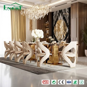 Luxury <strong>Marble</strong> <strong>Top</strong> Dining <strong>Table</strong> Sets Italian Design Metal Golden Restaurant High-end Project Furniture with 12 Chairs for Villa - Product Image 1