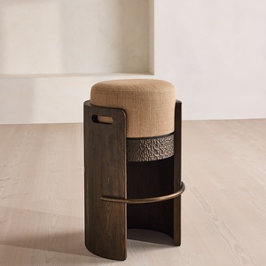 Tabouret de bar vintage en bois teinté foncé, assise en lin, repose-pieds en laiton antique, pour îlot de cuisine - Product Image 1