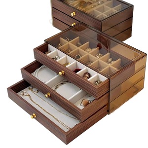 Walnut Wood Three Drawer Jewelry <b>Box</b> With Glass Top For <b>Earrings</b> Necklaces Rings Storage Organizers - Product Image 1