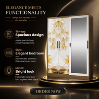 Armoire en acier à 3 portes coulissantes avec miroir, imprimé feuille de Ginkgo dorée, rangement pour chambre à coucher