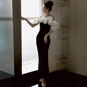 Evening Gown French Style Black Off The Shoulder Contrast Color Natural Waistline Slim Fit For Coming Of Age Ceremony - Product Image 3