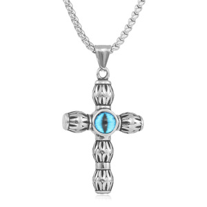 Stainless Steel <b>Cross</b> Pendant With Blue Eye Inlay Geometric Design For Men And Women Gift Jewelry 19031 - Product Image 1