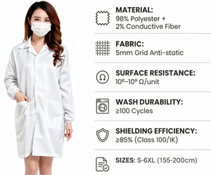 Bata Antiestática (Antibacteriana) con Protección Contra el Polvo, Tejido Transpirable, para Cuarto Limpio, C100-C1000, Lavable, Duradera, 100 Usos - Product Image 2