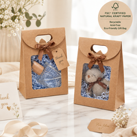 Sac cadeau en papier kraft écologique avec fenêtre, personnalisable avec logo, poignée découpée en forme de cœur, ruban et nœud, idéal pour les fêtes - Vente en gros