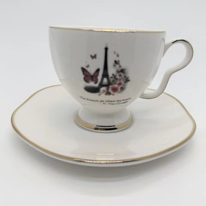 Tasse à café en porcelaine fine de luxe avec soucoupe, motif tour Eiffel et papillon, bordure dorée, pour le thé de l'après-midi - Product Image 1