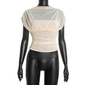 Viviblook C25TP433 Women New Solid Color Casual <b>Top</b> Round Neck <b>Sleeveless</b> Mesh Slim Fit T-Shirt <b>Top</b> - Product Image 4