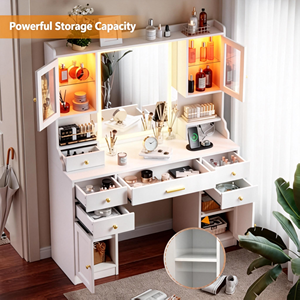 Coiffeuse Moderne Blanche Simple avec Lumières <span class=keywords><strong>et</strong></span> Tiroirs, <span class=keywords><strong>Table</strong></span> de Maquillage Légère en <span class=keywords><strong>Bois</strong></span> pour Dortoir - Product Image 2