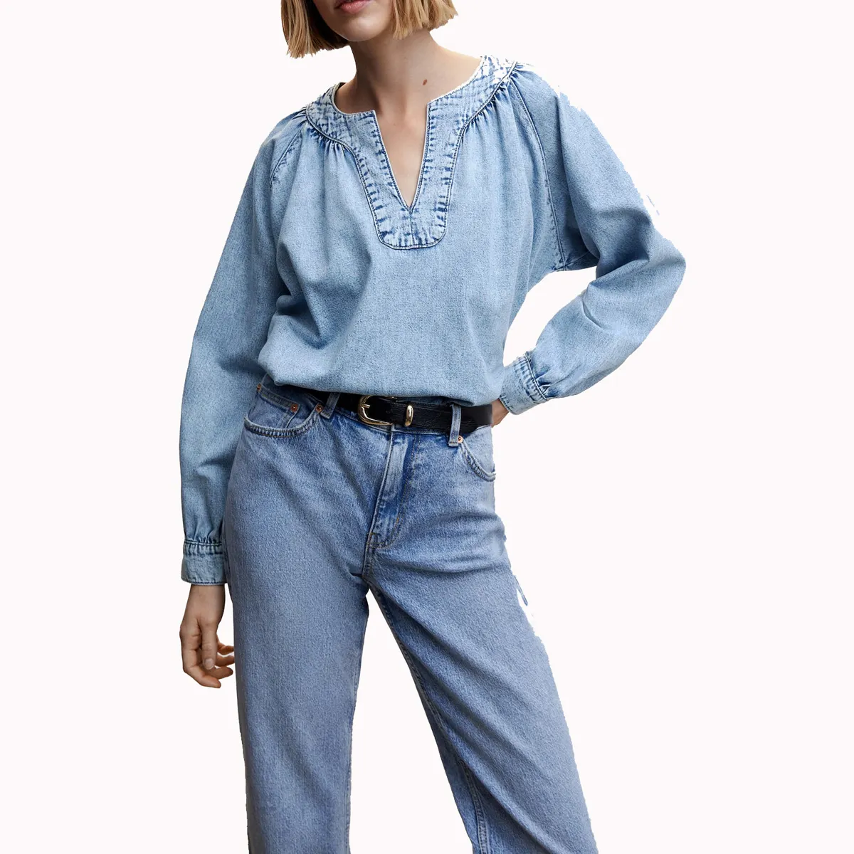 Hot Sale Women Clothing New Design High Quality Women's 100%cotton Casual V-Neck Long Sleeve Oversize Denim Blouse