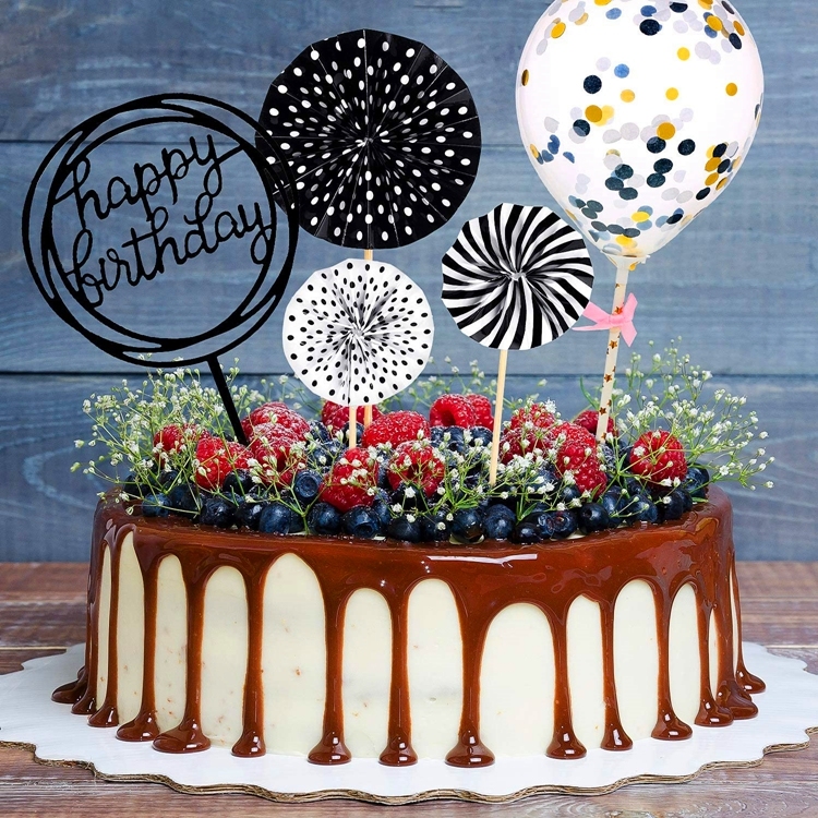 Happy Birthday Kuchenaufsätze – 6-teiliges Set In Gold Mit Acryl-Topper, Fächern Und Konfetti-Ballon