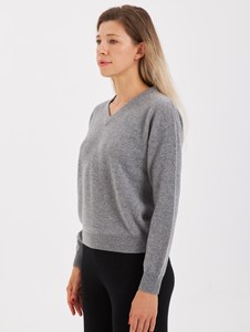 Pull en tricot à col en V pour femme, manches longues, 100% laine, gris uni, style minimaliste, vêtements d'automne - Product Image 2