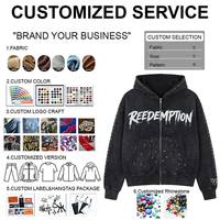 Sudadera con cremallera personalizada 3D con pedrería, de tejido de rizo grueso, con patchwork desgastado, estilo vintage casual de invierno para streetwear.