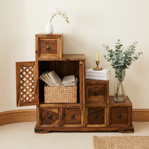 Armoire de rangement pour escalier en bois massif |   Commode à plusieurs tiroirs en bois de Sheesham artisanal avec portes sculptées en treillis |   Autonome et moderne - Product Image 2