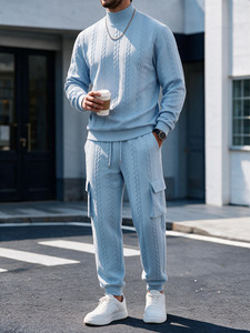 <b>Men</b> Cable Knit <b>Turtleneck</b> <b>Sweater</b> Set Solid Color Pullover Jogger Pants 400g Front Logo Autumn Winter Casual Wear - Product Image 1