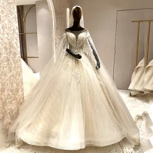 Long Cape Sleeves Luxury Lace Hand Made Beading Puffy Wedding Dress Ball Gown